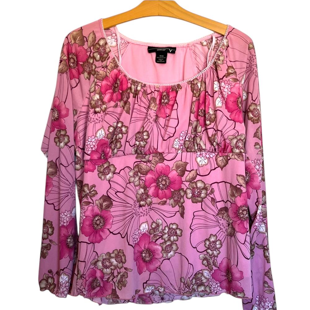 Y2K Venezia Pink Floral Babydoll Top Mesh Blouse Flare Sleeve Empire Girly 14/16